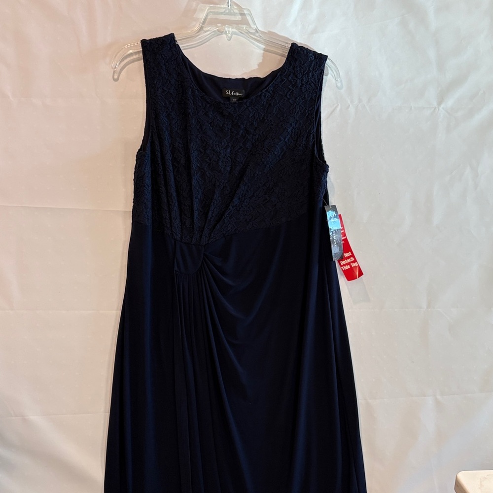 NWT SL Fashions Navy Blue Maxi Dress with Lace